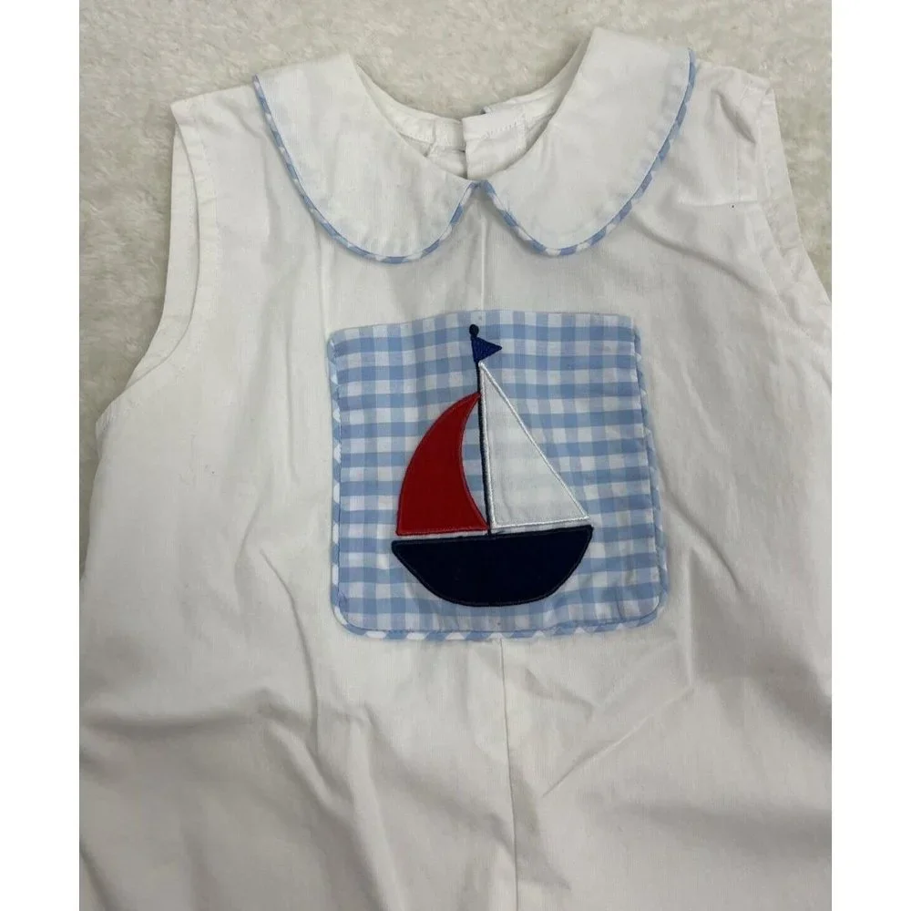 Posh Pickle Boys 3T Shortall White with Sailboat Blue Gingham Trim‎ NWT Lined